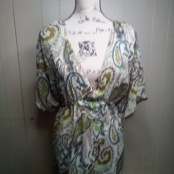 Paper Tee Blouse XL V-Neck Sheer Paisley Green Brown Blue - Picture 10 of 13